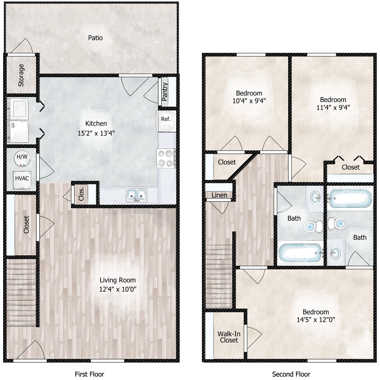 Floor plan for 3 beds, 2 baths, 1309 sqft